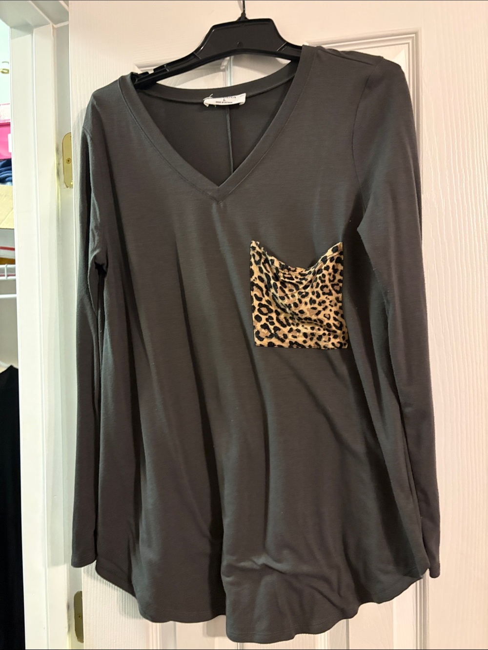 Zenana Charcoal V-Neck Long Sleeve Top with Leopard Pocket
